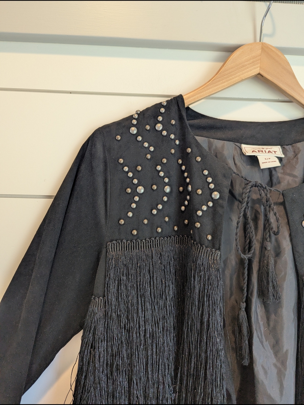 Ariat Women's Black Fringe Studded Jacket Tie Front Size Small Western Cowgirl - Picture 3 of 10